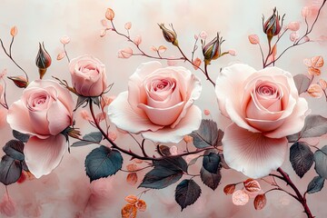 Serene arrangement of delicate pink roses in a soft, dreamy garden setting during early spring blossoms. Generative AI