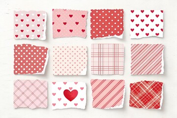 A romantic mix of torn paper designs in red and pink shades, featuring hearts, polka dots, stripes, and grids, ideal for Valentine's Day crafts and love-themed projects.