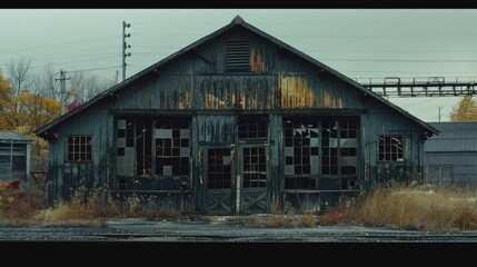 Fototapeta premium Abandoned Barn in Autumn Landscape, Vintage Train Tracks