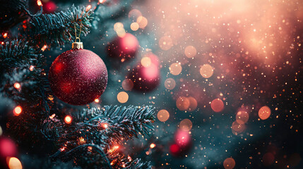 Christmas background with fir tree and sparkle toys, New Year. AI generative
