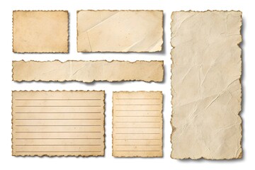 A vintage collection of blank torn paper pieces with aged textures and lined options, perfect for retro-style journaling, scrapbooking, and creative note-taking designs.