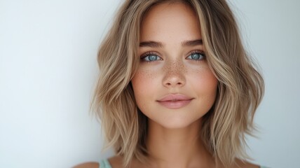 Beautiful woman with clean skincare with her eyes closed, gently caressing her glowing and healthy skin