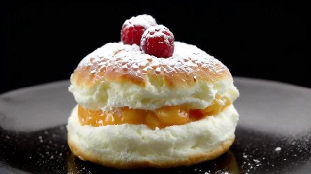 Profiteroles or cream puff with filling, powdered sugar topping with berries, on black background. Fresh homemade Cream Puffs, cake, tasty French choux puff, ecler, dessert closeup. Pastries