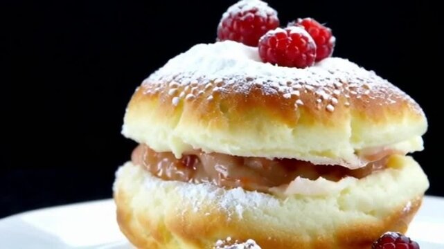 Profiteroles or cream puff with filling, powdered sugar topping with berries, on black background. Fresh homemade Cream Puffs, cake, tasty French choux puff, ecler, dessert closeup. Pastries