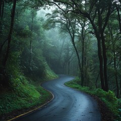 Naklejka premium serene winding road through a misty forest