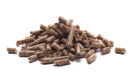 Wood pellet cat litter isolated on white, side view