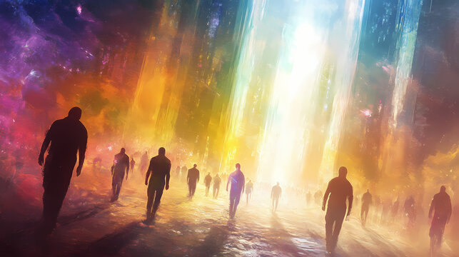 Individuals strolling towards illumination, spiritual ideology, apocalypse end-time event, path to paradise, sacred separation where light gleams on the horizon, ai generation. Rapture. Illustration