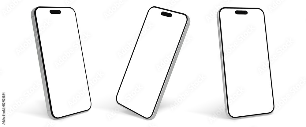 Poster 3D ultra realistic render illustration high quality smartphone mockup with isolated background. Smart phone mockup collection. Device front view. 3D mobile phone with shadow on white background.