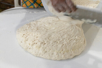 Fresh dough preparation on a kitchen surface.