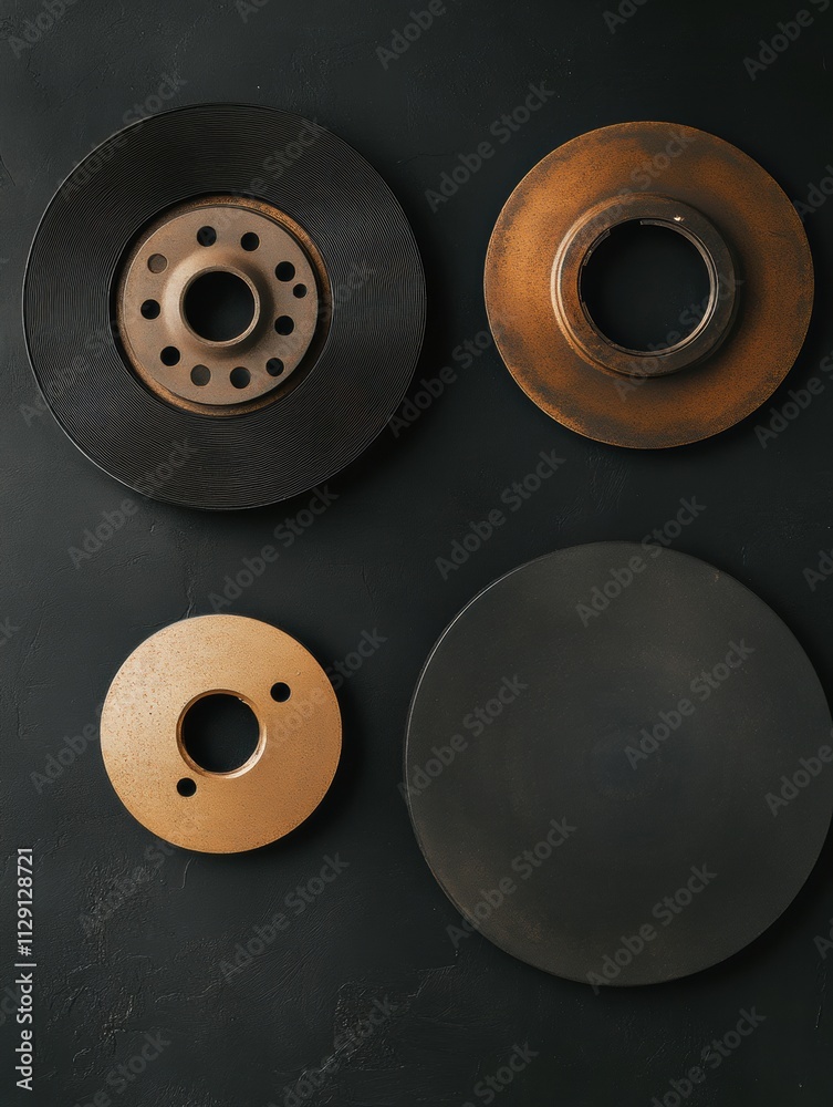 Leinwandbilder brake pads and discs are displayed on a dark surface, creating a visually appealing layout with spac