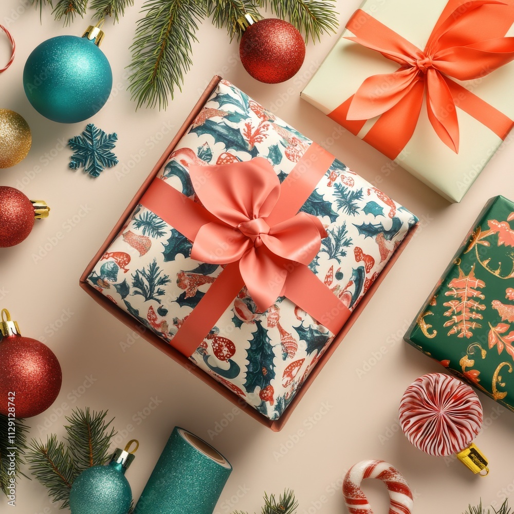 Aufkleber vector gift wrapping paper rolls mock up, box with bow and christmas decoration on light background.