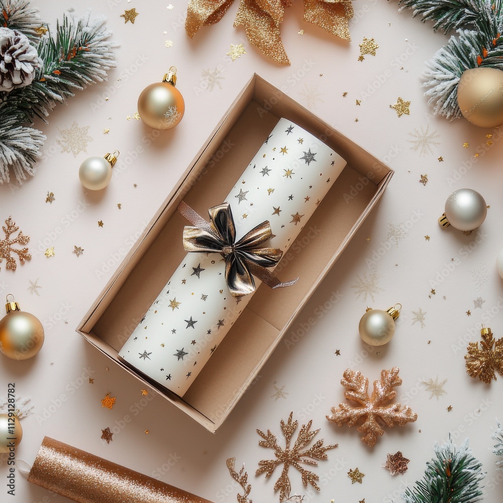 Aufkleber vector gift wrapping paper rolls mock up, box with bow and christmas decoration on light background.