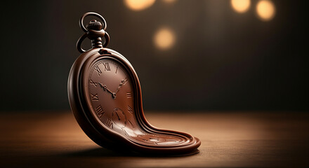 Melting pocket watch with soft lighting and artistic background showing surreal time distortion and...