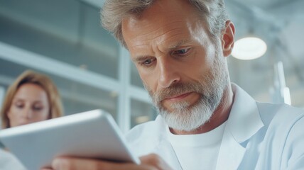 Doctor using a digital tablet in a hospital corridor, demonstrating advanced medical technology for improved patient care