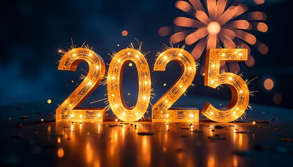 2025 New Year Celebration: Golden Numbers and Fireworks in Blue Night Lights