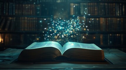 An open book with letters flying hologram icons