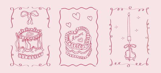 Red poster with cake with candle and cream in retro vintage style. Doodle outline frame with dessert in fancy hand drawn style. Coquette Cake Set