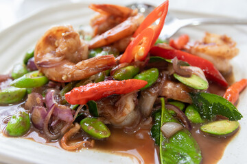 Stir-fried seafood with shrimp paste; traditional meals in the south of Thailand.
