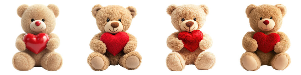 Obraz premium Teddy bear holding a red heart isolated on transparent background, Set of