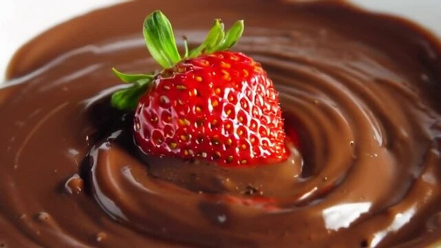 Super slow motion macro of fresh ripe bio organic red strawberry fruit is falling in creamy melted liquid dark cocoa chocolate with splashing dripping drops