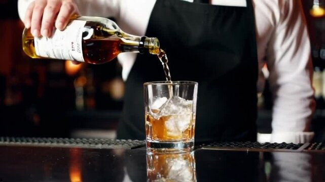 Super slow motion macro of old malt bourbon whiskey is poured in cocktail with ice cubes in transparent glass is being mixed by bartender in bar or club