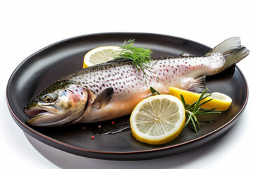 Raw fish trout with lemons and rosemary, prepared for cooking
