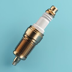 Mechanics repair and engine adjustment concept. Spark plug on a blue background showcasing automotive components.