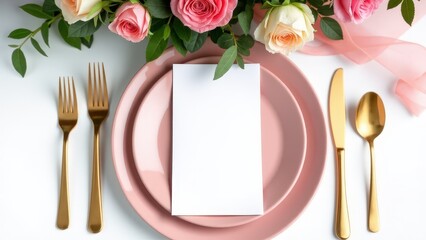 A polished floral wedding menu mockup featuring a blank vertical card, soft natural lighting, and a romantic table setting with pastel floral accents.