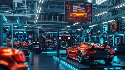 Futuristic car showroom with advanced technology and vibrant lighting, showcasing sleek vehicles and digital displays. atmosphere is dynamic and innovative