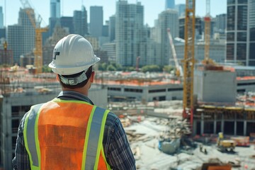 Construction worker with hard hat and safety vest looking over busy construction site, city skyline in background, cranes and building structures, bright day, medium shot 3