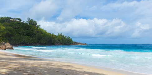 Obraz premium Anse Intendance Beach panoramic photo. Summer landscap