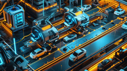 Fototapeta premium Futuristic cityscape with glowing technology and vehicles on busy road. scene features intricate circuitry and modern architecture, creating vibrant urban atmosphere