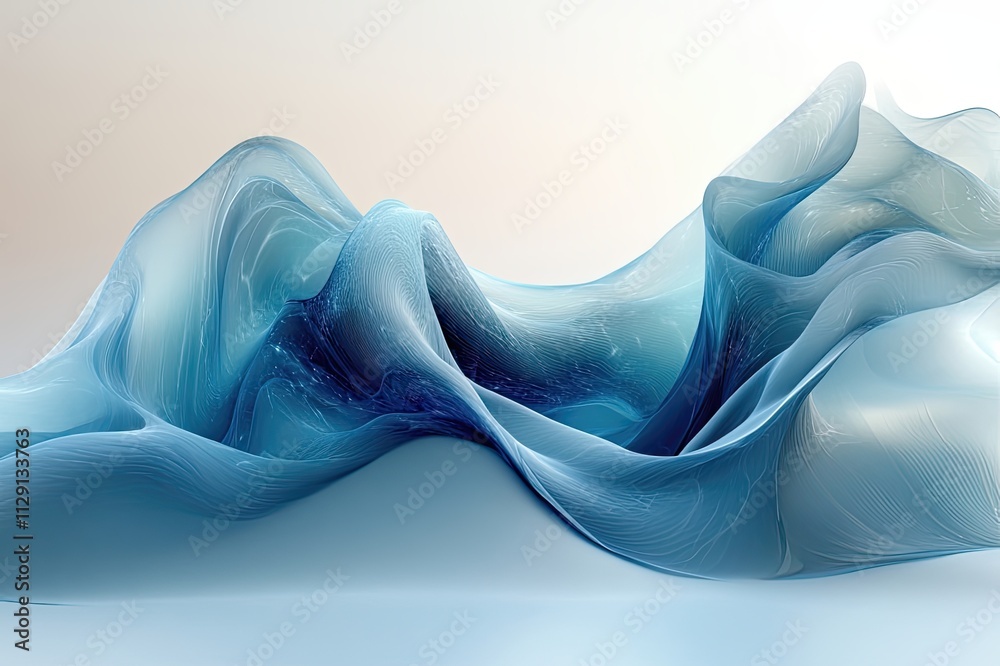 Poster flowing waves of translucent blue fabric create an ethereal atmosphere in a serene setting of soft t