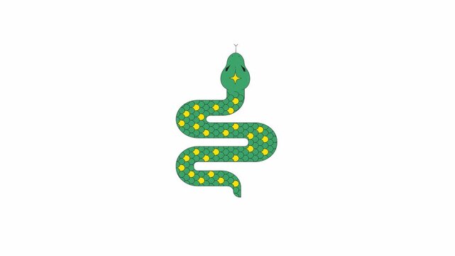 Artistic snake with sparkle on head 2D object animation. Curling reptile scales cartoon 4K video, alpha channel. Chinese zodiac animal. Crawling serpent animated flat item on white background