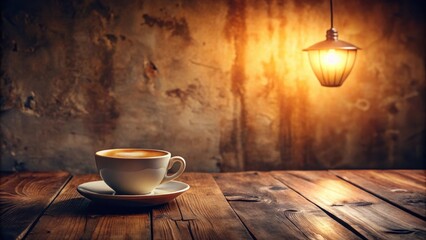 A steaming cup of coffee on a rustic wooden table bathed in warm, golden light from a hanging lamp