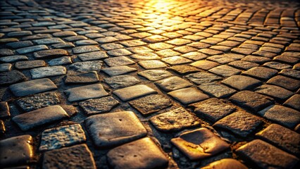 Golden sunlight bathes a cobblestone path, casting long shadows and highlighting the texture of the worn stones.