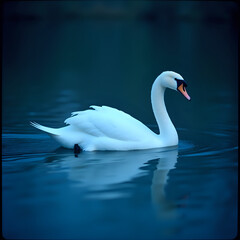 Fototapeta premium A white swan gracefully glides across a tranquil body of water, its reflection mirrored in the placid surface.