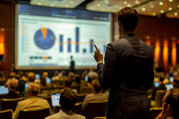 Businessman in modern offices engaging with digital screens showing financial data