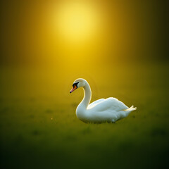 Obraz premium A white swan is captured in profile on a verdant grassy field, bathed in the soft glow of a warm, hazy sunset.
