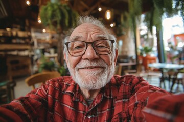 An elderly man with glasses, in a red flannel shirt, sitting at a coffee shop, taking a selfie with a content smile, soft indoor lighting 2