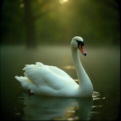 Fototapeta premium A serene image featuring a single swan gracefully floating on calm water, its reflection visible in the surface.