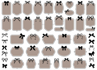 Black and beige decorative frames with black bows. Graphic antique frames, collection of retro labels, royal wedding, stickers for sale, invitation card. Isolated vector symbols. Simple line label set