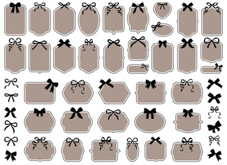 Black and beige decorative frames with black bows. Graphic antique frames, collection of retro labels, royal wedding, stickers for sale, invitation card. Isolated vector symbols. Simple line label set