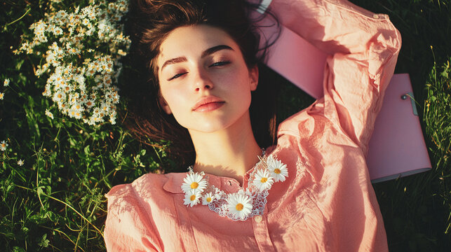 Romantic young woman in pink blouse with white daisy beads lying on green grass top view. Spring vacation. Femininity and youth Female flower necklace