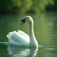 Obraz premium A white swan is gracefully floating on a calm, greenish-blue body of water, with a blurred background hinting at foliage.