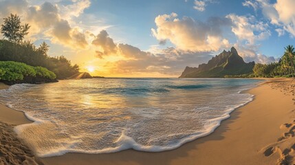 Obraz premium serene beach at sunset with gentle waves and lush greenery