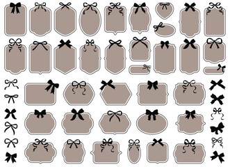 Black and beige decorative frames with black bows. Graphic antique frames, collection of retro labels, royal wedding, stickers for sale, invitation card. Isolated vector symbols. Simple line label set
