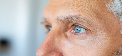 Close-up of a man's blue eye and face, showing wrinkles and age.