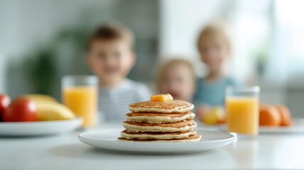 Children enjoying a healthy breakfast of fruits and juice at the kitchen table, with pancakes topped with butter on a white plate happy mother in pajamas is feeding her children