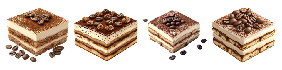 Tiramisu with layers of coffee soaked isolated on transparent background, Set of
